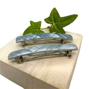 Vintage 1950s Lucite Plaid Hair Barrette Set Baby Blue